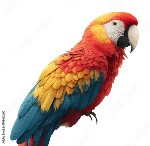 Fototapeta A colorful parrot with a black beak stands on a white background