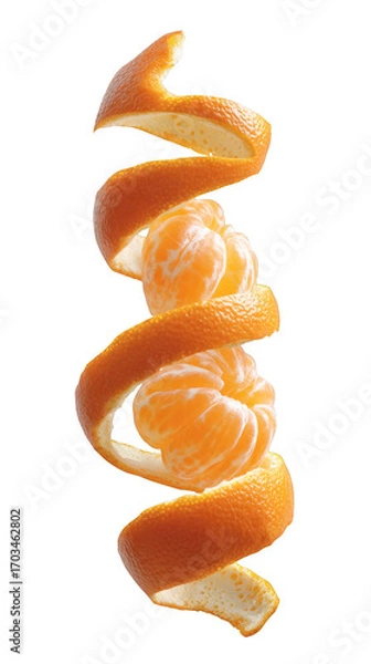 Fototapeta A spiral of orange peel with a slice of orange in the middle