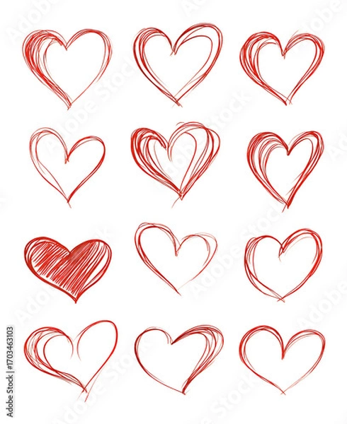 Fototapeta A set of red hearts with one heart drawn in black