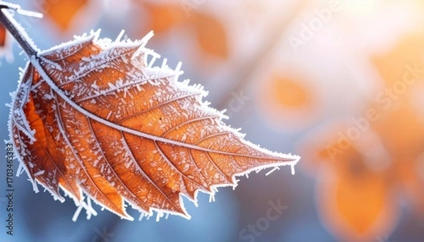 Obraz Frosted Orange Leaf Shimmers in Winter Sunlight with Delicate Ice Crystals and Soft Blue Background