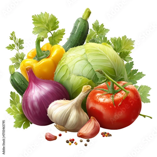 Fototapeta A colorful assortment of vegetables including tomatoes, onions, and garlic