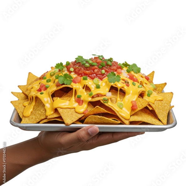 Fototapeta Hand holding a tray of loaded nachos with cheese and salsa isolated PNG with Transparent Background