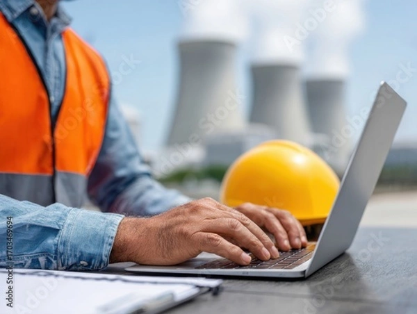 Fototapeta An engineer in a safety vest types on a laptop, with a hard hat and power plant cooling towers in the background.