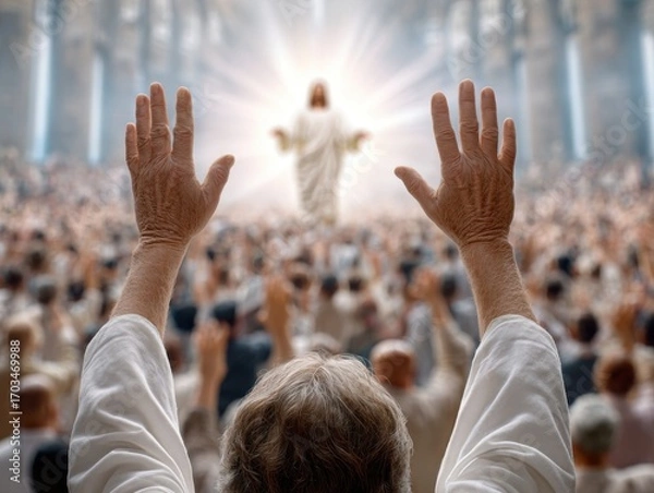 Fototapeta An older man raises hands in worship toward a glowing Jesus figure, surrounded by a large congregation in awe and prayer.