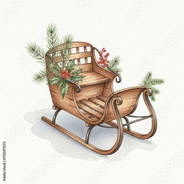 Fototapeta Rustic Wooden Sleigh with Greenery and Red Berries on Textured White Background