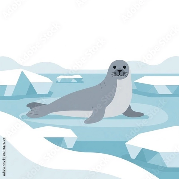 Fototapeta Cute Gray Seal Resting on Ice Floe in Arctic Ocean Illustration