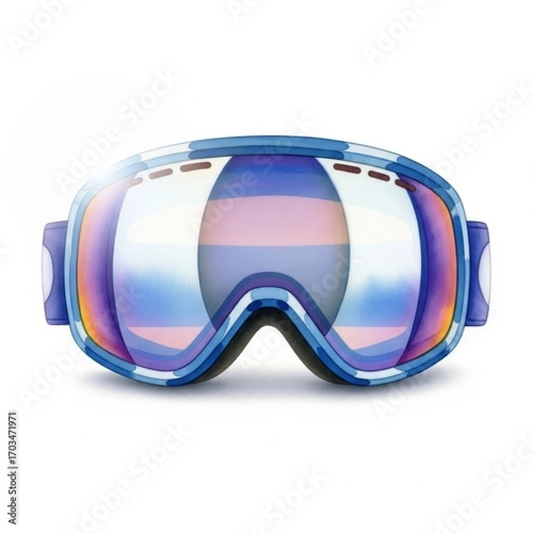Fototapeta Isolated Ski Goggles with Blue Frame Reflective Lens and White Background