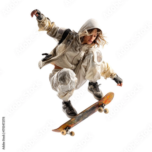 Obraz A woman is doing a trick on a skateboard
