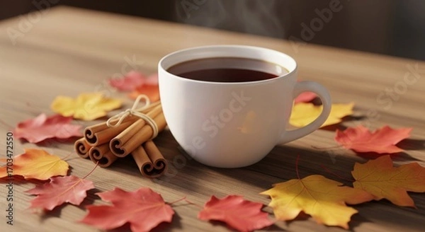 Fototapeta Steaming Coffee Cup with Cinnamon Sticks and Colorful Autumn Leaves on Wooden Table