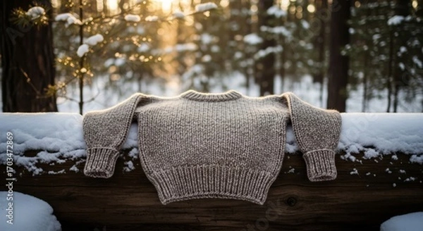 Fototapeta Gray Knitted Sweater on Snowy Log in Winter Forest at Sunset