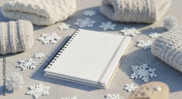 Fototapeta Blank Notebook Surrounded by White Knitted Items and Snowflakes Decoration