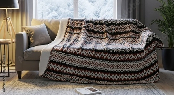 Fototapeta Cozy Living Room with Patterned Blanket on Gray Sofa Near Window During Winter
