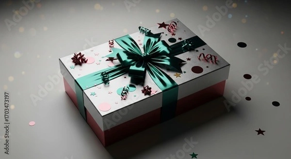 Fototapeta Elegant Gift Box with Teal Ribbon on White Surface with Festive Confetti