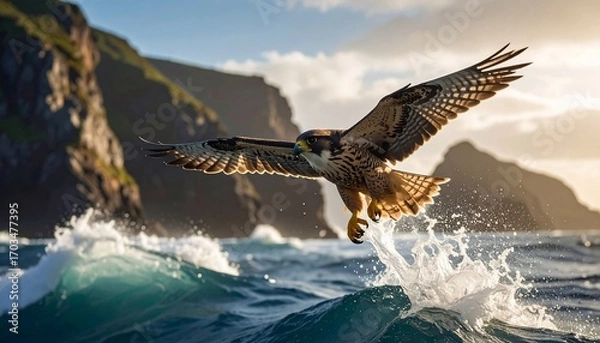 Fototapeta Majestic Peregrine Falcon Diving into Ocean Waves near Dramatic Cliffs