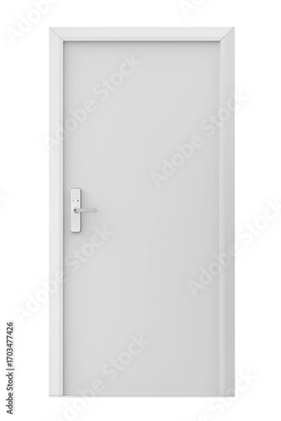 Fototapeta White door with smart door lock, front view, isolated on transparent background