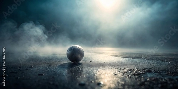 Obraz A solitary sphere rests on a damp, dark surface, shrouded in ethereal mist, bathed in a soft, hazy light.