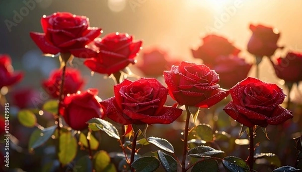 Fototapeta Radiant Red Roses at Sunrise: A Symphony of Dew-Kissed Petals