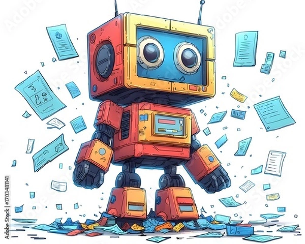 Fototapeta Robotic Intelligence: A whimsical robot, with a square head and endearing eyes, surrounded by a flurry of documents. The image evokes themes of technology, data processing.