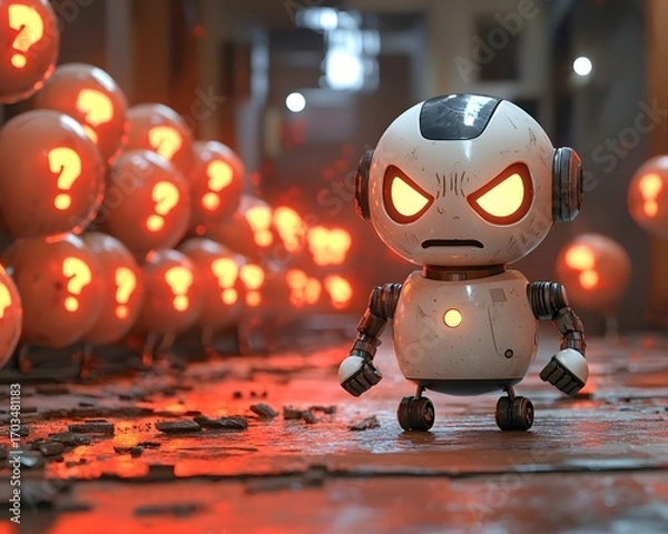 Fototapeta Curiosity Sparked: A defiant robot, with glowing eyes, stands amidst a swarm of question mark spheres, hinting at the potential mysteries and wonders that lie ahead. 