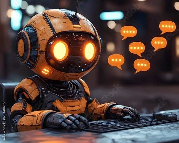 Fototapeta Chatbot Assistant: A friendly, orange Chatbot attentively types at a keyboard, surrounded by digital speech bubbles, symbolizing seamless communication and innovative assistance.