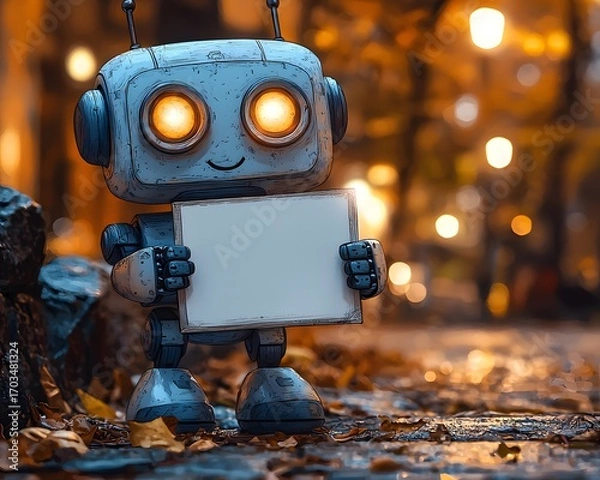 Fototapeta Friendly Robot's Message: A charming retro-style robot cheerfully holds a blank sign, creating a captivating image that is versatile for digital marketing. 
