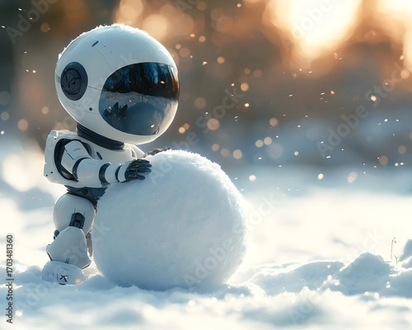 Fototapeta Cute robot with a snowball: a delightful robot is joyfully building a snowman with a large snowball, set against a background of winter wonderland.