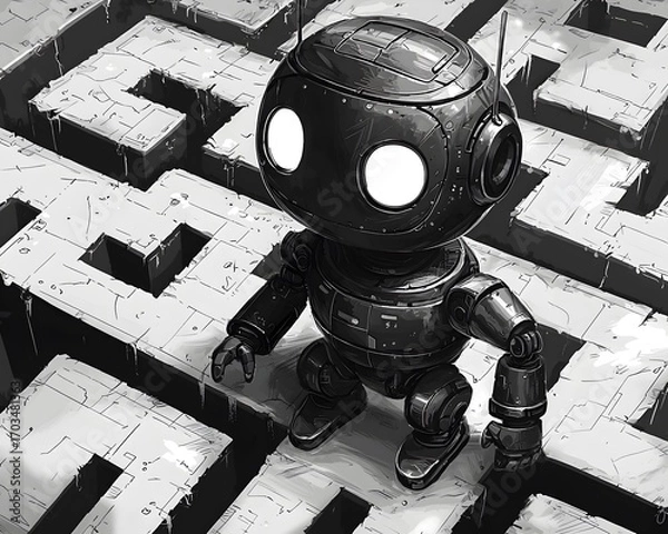 Fototapeta Robot Navigate the Maze: A determined robot, embodying Artificial Intelligence, confidently navigates the intricate paths of a maze, a symbol of technological advancement and the pursuit of solutions.