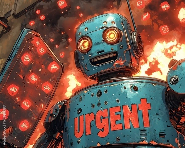 Fototapeta Robot's Urgent Alert: A steampunk-inspired robot, its metallic body emblazoned with the word URGENT, stands amid a fiery backdrop. The scene evokes a sense of digital urgency.