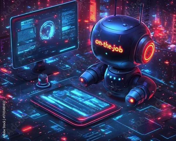 Fototapeta Futuristic Robot at Work: A sleek, advanced robot, with on-the-job displayed, immersed in a high-tech workspace, analyzing data on a monitor and a tablet in a vibrant, futuristic setting.
