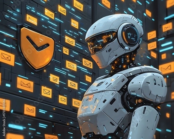Fototapeta Cyber Guardian's Vigil: A futuristic, detailed robotic figure stands guard before a digital display adorned with email symbols and a security shield.