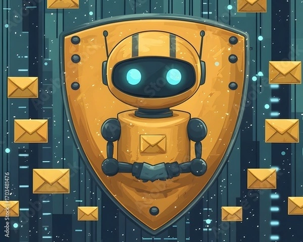 Fototapeta Secure Mail Robot: A digital robot, the guardian of emails, is showcased, symbolizing protection against cyber threats, safeguarding valuable information within a high-tech setting. 