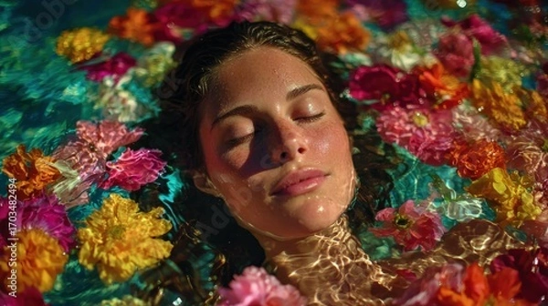 Fototapeta A peaceful moment: a woman's face surrounded by colorful flowers floating in water. She is immersed in nature, appearing serene and relaxed. The flowers add to the tranquil and vibrant scene