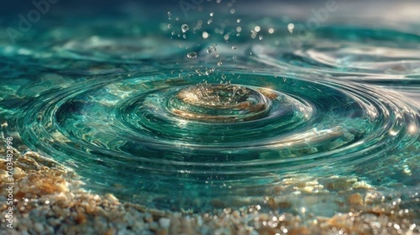 Fototapeta Water drop creating ripples in a serene underwater scene with crystal-clear turquoise water. A sense of calmness and natural beauty. The sandy seabed provides an appealing textural contrast.
