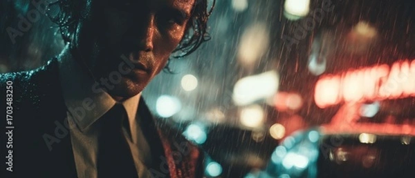 Fototapeta A man standing in the rain with a dramatic setting. The man is looking down with a mix of melancholy and thoughtfulness while rain pouring down