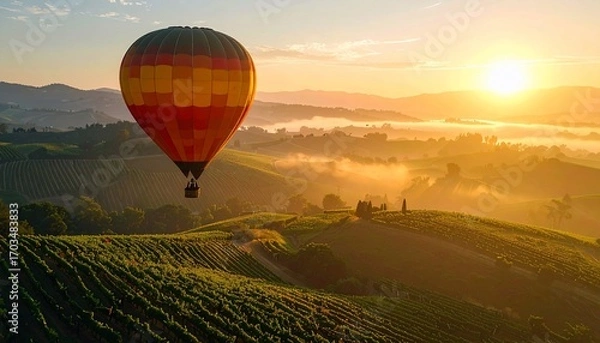 Fototapeta Sunrise Hot Air Balloon Ride Over Rolling Vineyards