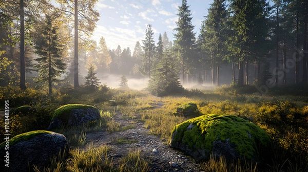 Obraz Misty Forest Path At Sunrise