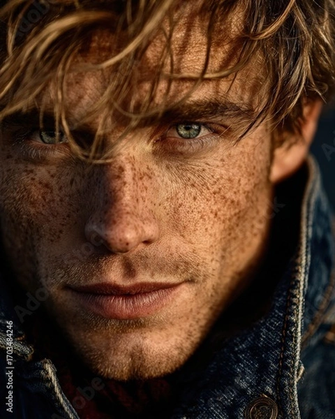 Fototapeta a young man with freckles and mesmerizing green eyes stares intently at the camera, showcasing striking details