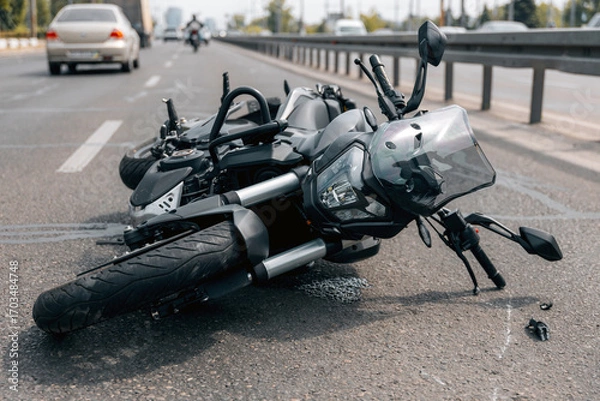 Fototapeta The motorcycle lies on the sidewalk after a ride. Serious accident. Accident, close-up. Lost control and fell. Driving hazards. Collisions with another vehicle.