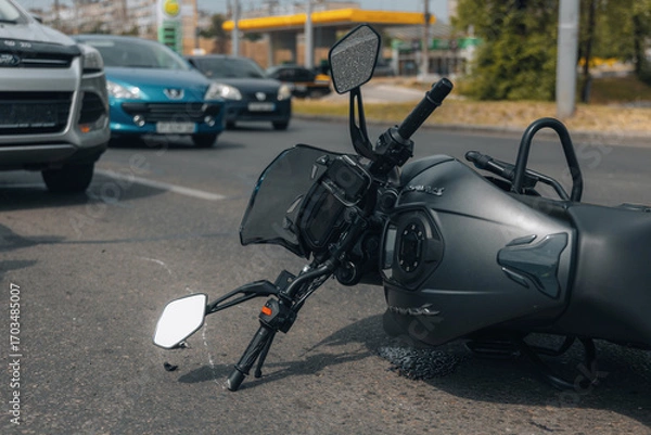 Fototapeta The motorcycle lies on the sidewalk after a ride. Serious accident. Accident, close-up. Lost control and fell. Driving hazards. Collisions with another vehicle.