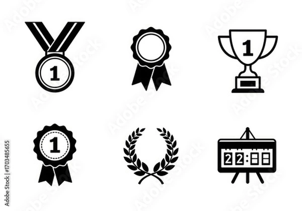 Obraz A collection of six black and white icons representing awards, victory, and competition.