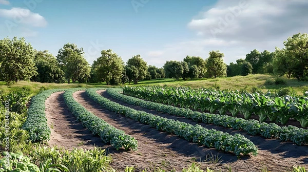 Fototapeta Scenic Rural Farmland With Winding Rows Of Crops Under Sunny Sky