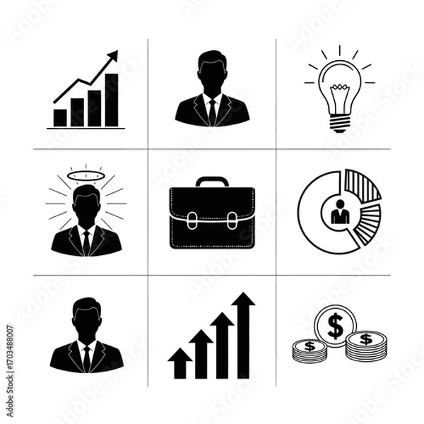 Fototapeta Business icons including briefcase, graph, lightbulb, and money