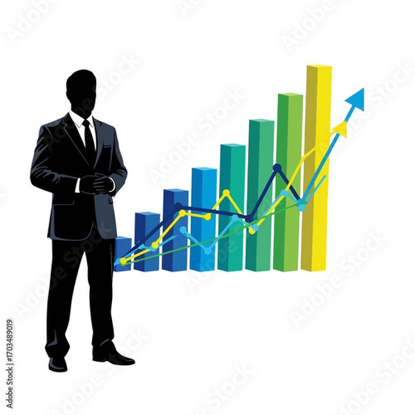 Fototapeta Businessman standing next to a rising bar graph and line chart