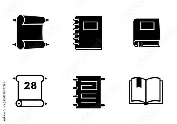 Obraz A collection of six black and white icons representing books, scrolls, and notebooks.