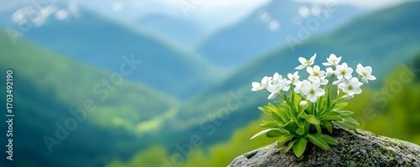 Fototapeta Stunning mountain vista with lush green hills and valleys highlighted by a vibrant cluster of delicate white flowers growing on a rocky outcrop in the foreground