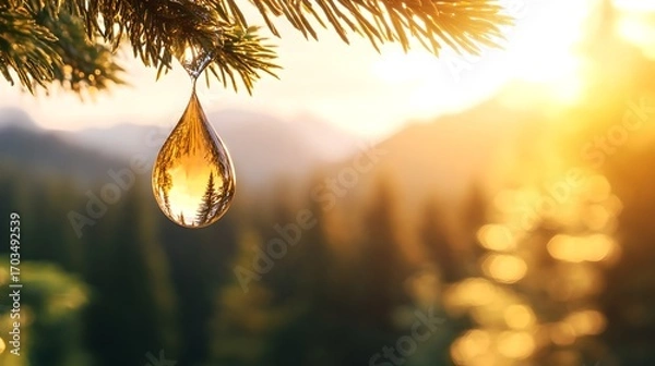 Fototapeta A solitary water droplet clings to a pine branch reflecting the warm golden glow of the rising sun against a backdrop of lush verdant foliage