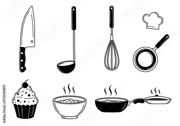 Obraz Black and white kitchen utensils and food illustrations.