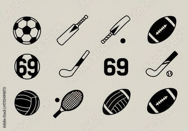 Obraz A collection of stylized black and white icons representing various sports equipment and symbols.