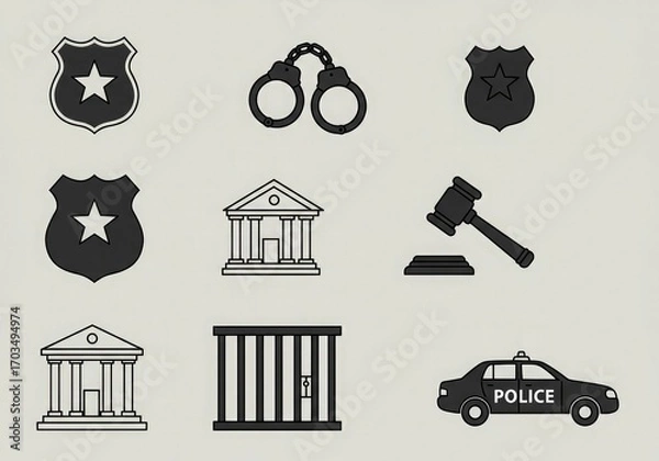 Obraz Collection of law enforcement and justice-related icons, including badges, handcuffs, and a police car.