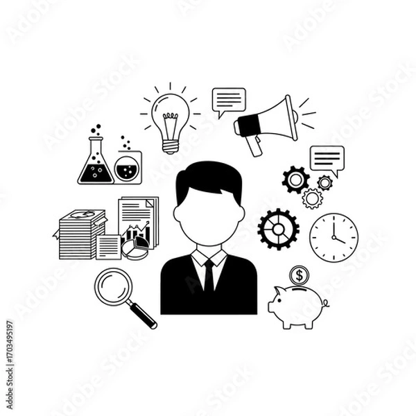 Fototapeta Business concept illustration with man, ideas, finance, and strategy
